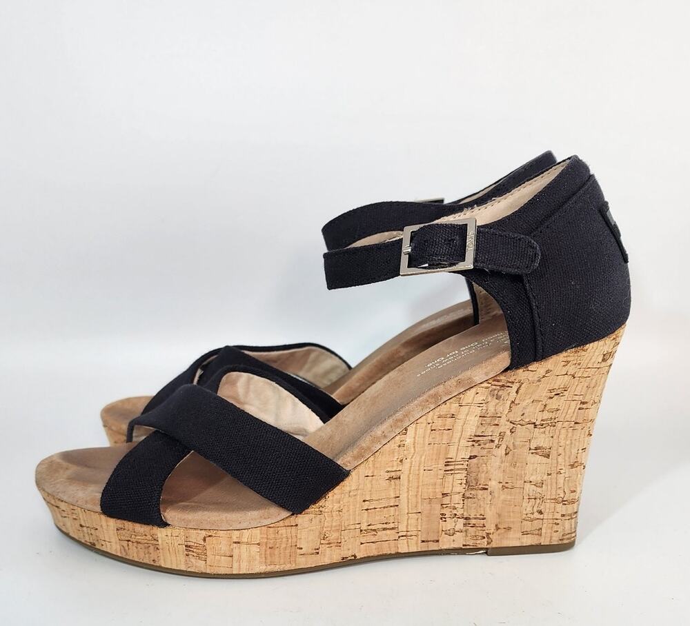 Toms Black Wedge Ankle Strap Sandals Women's Size 9 Wide
